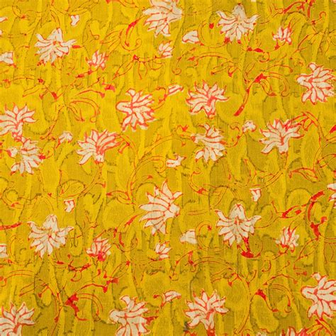 Pure Cotton Doby Dabu Mustard With White And Pink Flower Design Jaal H ...