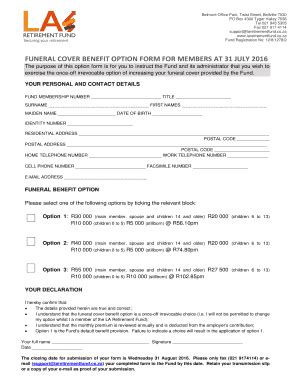 Fillable Online laretirementfund co FUNERAL COVER BENEFIT OPTION FORM ...