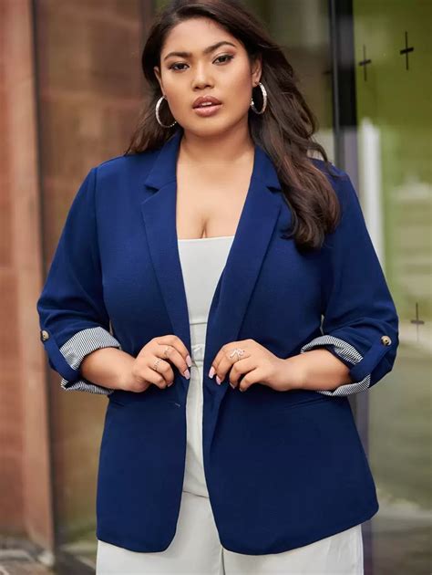 SHEIN LUNE Plus Roll Tab Sleeve Single Button Blazer | SHEIN USA