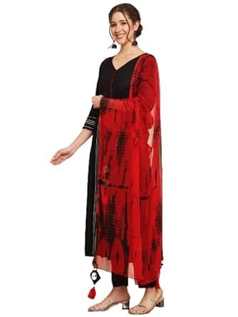 Buy Meeranshi LIVING Black and Red Flared Suit Set with Dupatta (Small ...