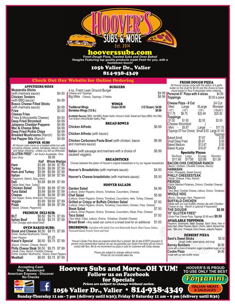 Menu for Hoover's Subs and More in Punxsutawney, PA | Sirved