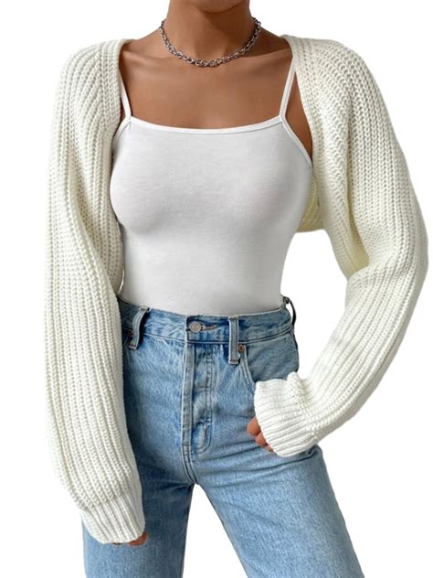Arvbitana Women's Open Front Cropped Cardigan Long Sleeve Solid Color ...