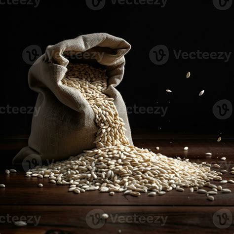 a bag of seeds is spilling out it on wooden table with black background ...