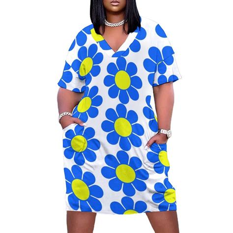 Blue Yellow Hippy Flower Daisy Loose Pocket Dress Womens dresses luxury evening dress woman for ...