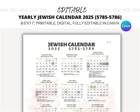 EDITABLE Yearly Jewish Calendar 2025, Jewish Holidays, Canva Template ...