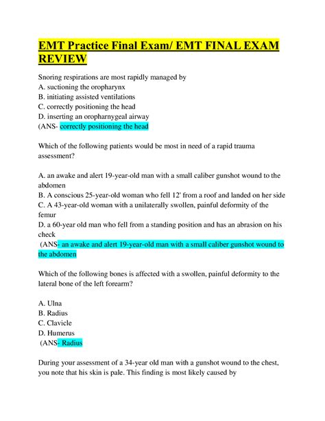 EMT Practice Final Exam EMT FINAL EXAM REVIEW. Questions & Answers ...