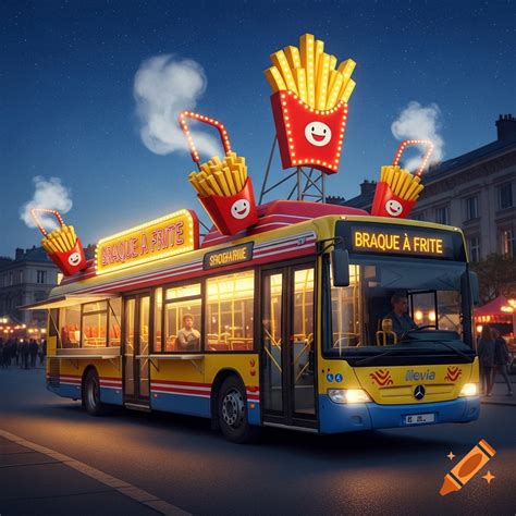 A vibrant yellow and blue bus, transformed into a french fry food truck ...