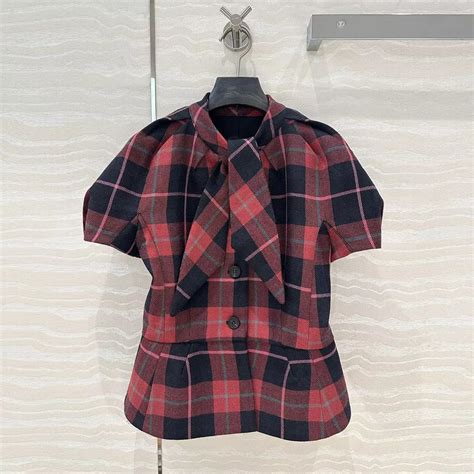 Vintage-England-Plaid-Wool-Puff-Short-Sleeve-Jacket-Women-Bow-Tie ...