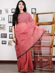 Pink Brown Ivory Hand Block Printed Kota Doria Saree in Natural Colors ...