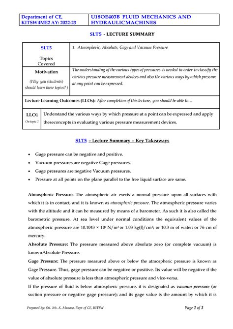 FMHM 1 Summary - Notes for fm - Department of CE, KITSW4ME2 AY: 2022 ...