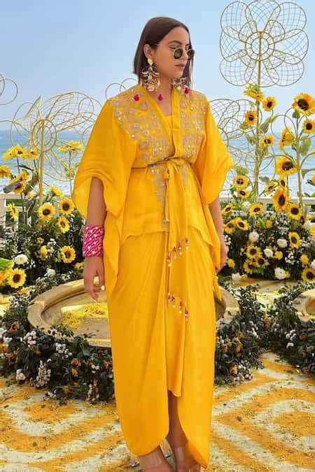 Buy Yellow Satin, Organza, Crepe Beads, Sequins, Aashna Kimono Top ...