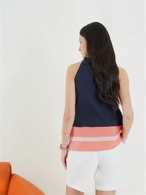 Buy Navy Blue Cotton Halter Neck Top Online | FableStreet