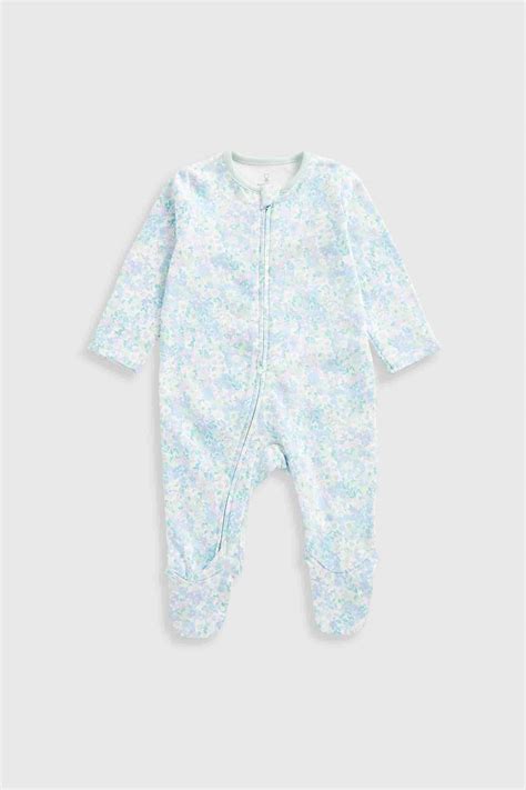 Mothercare Essentials Girls Zip - Up Long Sleeves Sleepsuit - Floral - Blue