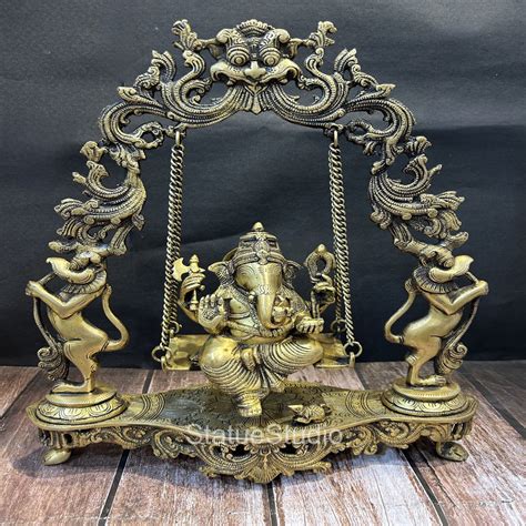 Brass Ganesha Jhula Statue Antique Finish For Home Decor Showpiece 1.5 ...