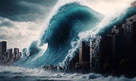 Huge tsunami destroying a city with a big wave flooding the lanscape ...