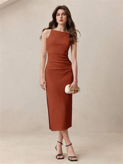 BizChic 2025 Brick Red Spaghetti Strap Asymmetric Shoulder Ruched Waist ...