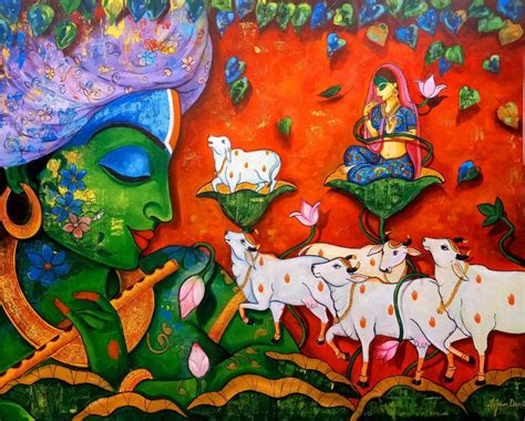 "Devotion Of Krishna 20": Green Acrylic Painting by Arjun Das – ArtZolo.com