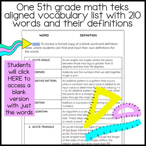 5th grade Math TEKS Vocabulary List with Definitions and Log | Made By ...