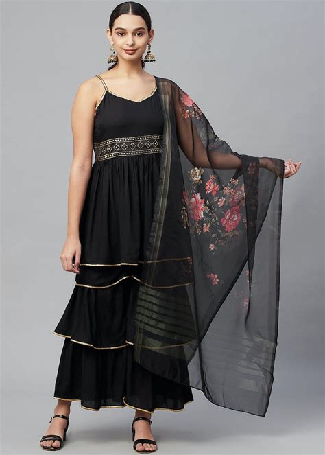 Get Black Rayon Solid Sleeveless Round Neck Kurta With Sharara And ...