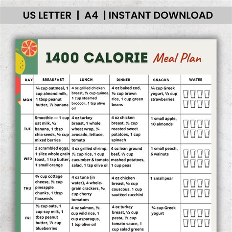 1400 Calorie Meal Plan Printable, 7-day 1400 Calories Menu PDF, Portion ...