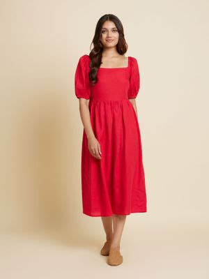 Buy Bombay Bloom Red Smocked Linen Dress Online