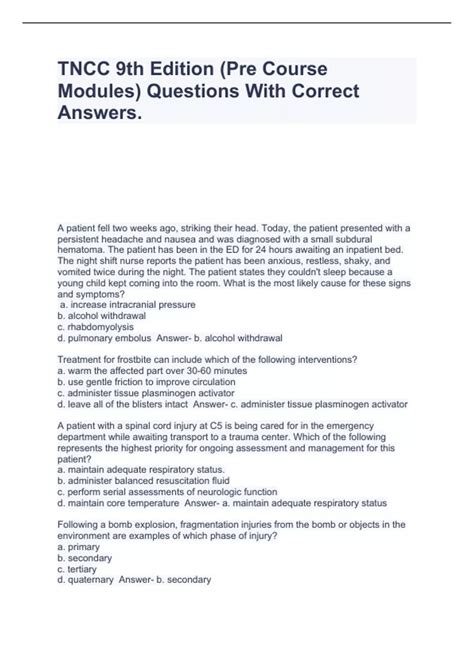 TNCC 9th Edition (Pre Course Modules) Questions With Correct Answers ...