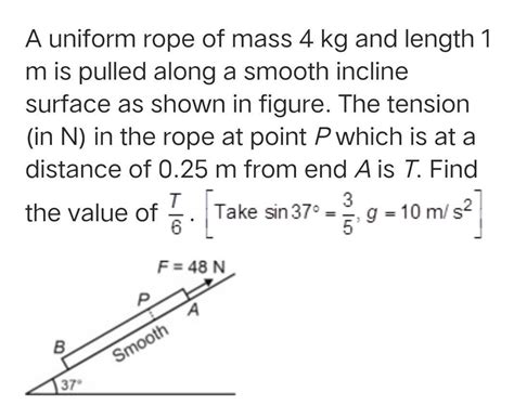 A uniform rope of mass 4 kg and length 1 m is pulled along a smooth ...