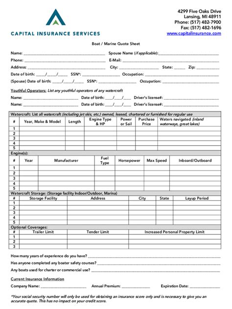 Boat Marine Quote Sheet - Blank Fillable Template | Fill Out, Print ...