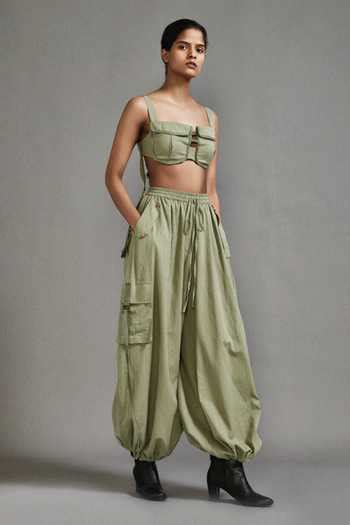 Buy Green Cotton Baggy Cargo Pant With Safari Pockets For Women by MATI ...
