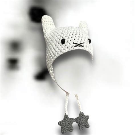 Miffy Rabbit Crochet Bunny Ear Beanie Hat With Ear Flaps and Puffy Star Strings Kawaii Cute ...