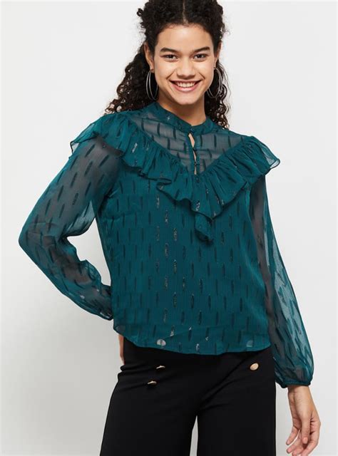 Buy Women Textured Full Sleeves Ruffled Casual Top Online at just Rs ...