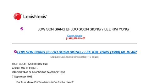 Case Analysis: LOW SON SIANG LOO SOON SIONG v LEE KIM YONG MLJU 467 ...