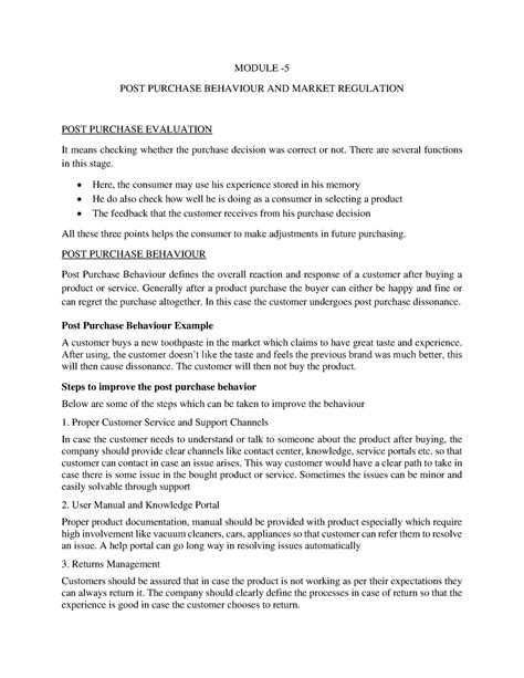 Module 5 CB - CONSUMER BEHAVIOUR NOTES FOR BBA - MODULE - POST PURCHASE ...