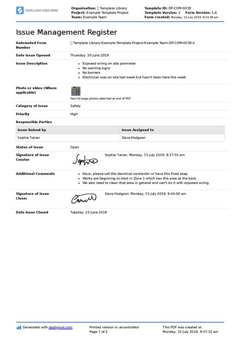Image result for Issue Log Format