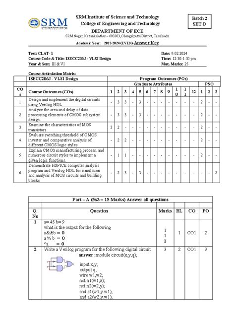 VLSI CT1 2023-2024 set D batch 2 - SRM Institute of Science and ...