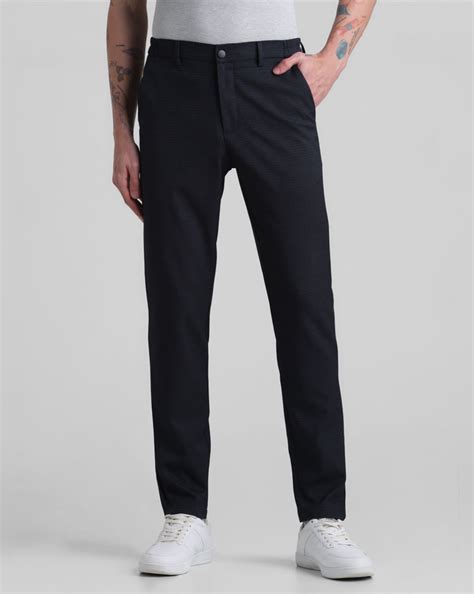 Navy Blue Mid Rise Check Trousers