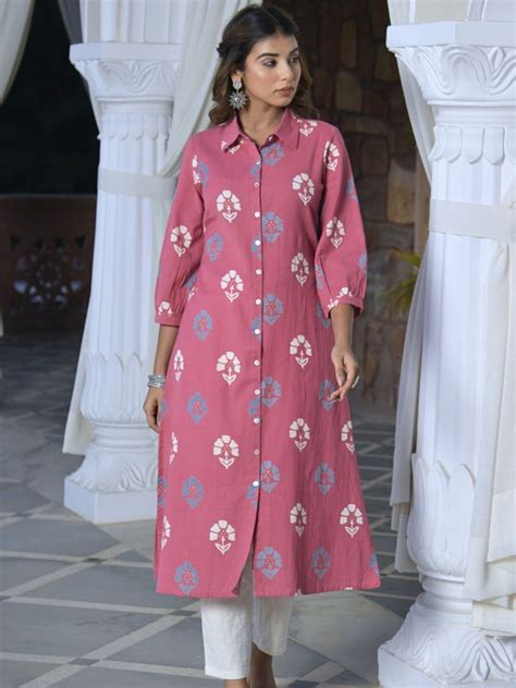 Pink Floral Print Shirt Collar Cotton Flax Kurta with Button Down ...