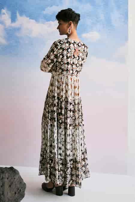 Buy Black Viscose, Georgette Beads, Embroidery V-neck Star Print Tiered ...