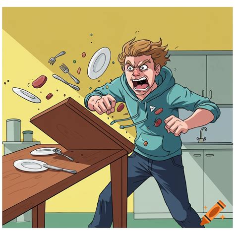 Illustration of an enraged man flipping a table in a kitchen, sending ...