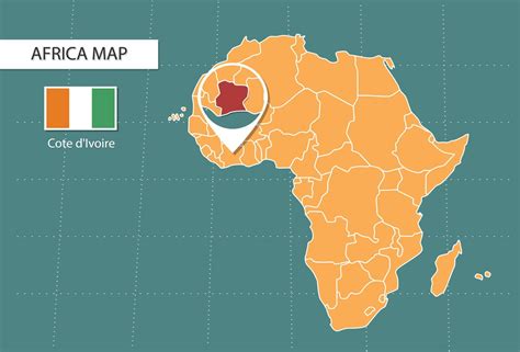 Cote d'Ivoire map in Africa zoom version, icons showing Cote d'Ivoire ...