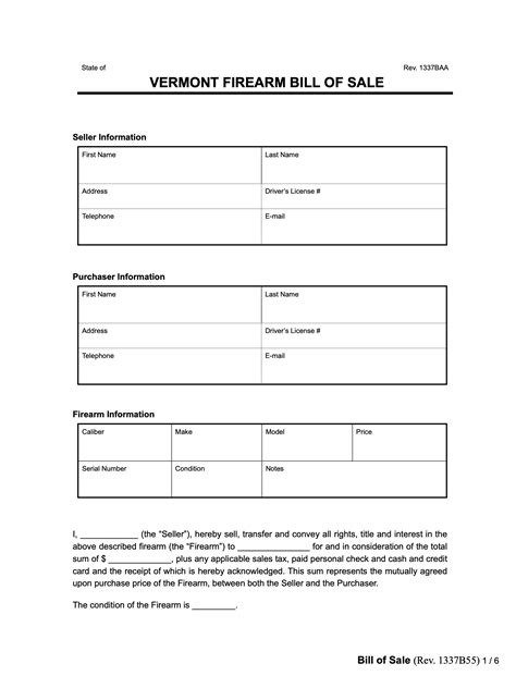 Free Vermont Firearm Bill of Sale Form | PDF & Word