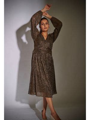 Buy Weaving Cult Metallic Copper Draped Midi Dress Online