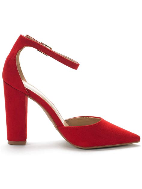 Women Ankle Strap Heel Pumps Closed Pointed Toe Block Mid Heel ...