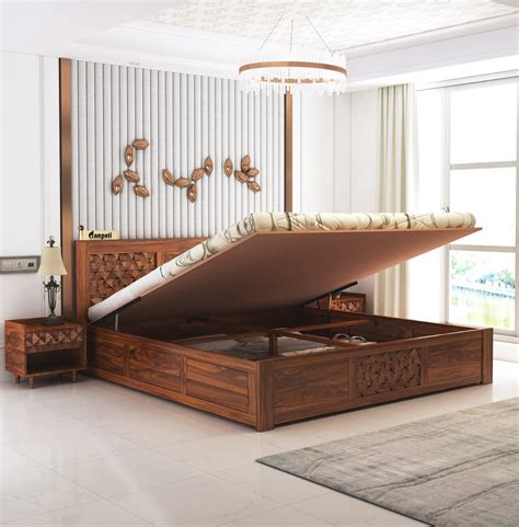 Ganpati Arts Solid Sheesham Wood Queen Size Raj Bed with Hydraulic ...