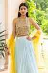 Buy Blue Lehenga Georgette Dupatta And Blouse Net Halter Embellished ...