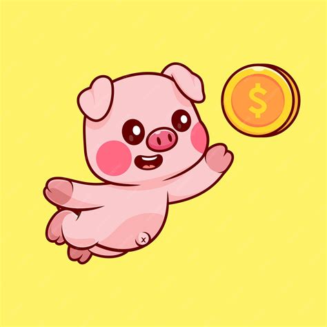 Cute pig catching gold coin cartoon vector icon illustration animal ...