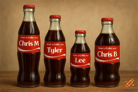 Four Coca-Cola bottles of different sizes with names on the labels. on ...