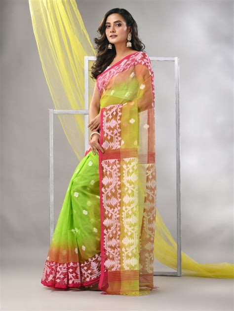Parrot Green Muslin Saree With Jamdani Designs – Charukriti