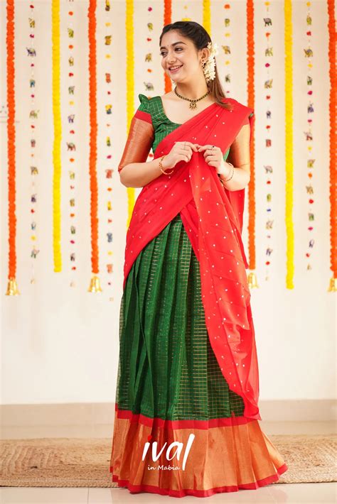 Sayuri - Bottle Green and Red Silk Cotton Halfsaree – Ivalinmabia