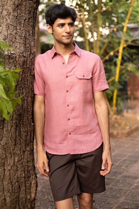 Buy Men Shirt | Linen Shirt Short Sleeve Shirt Vintage Pink
